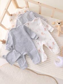 3件套新生儿卡通熊条纹纯色连体衣 - 彩色 - 查看 2