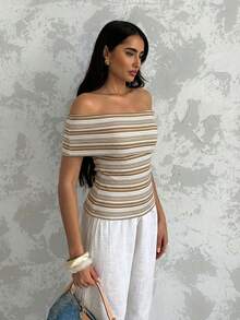 Glamine Chic Women's Khaki Striped Rib Knit Off The Shoulder Short Sleeve Asymmetrical Top - Khaki - View 5