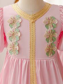 Glamorique Kids Young Girls' Retro Style Puff Sleeves V-Neck Pink Dress - Pink - View 4