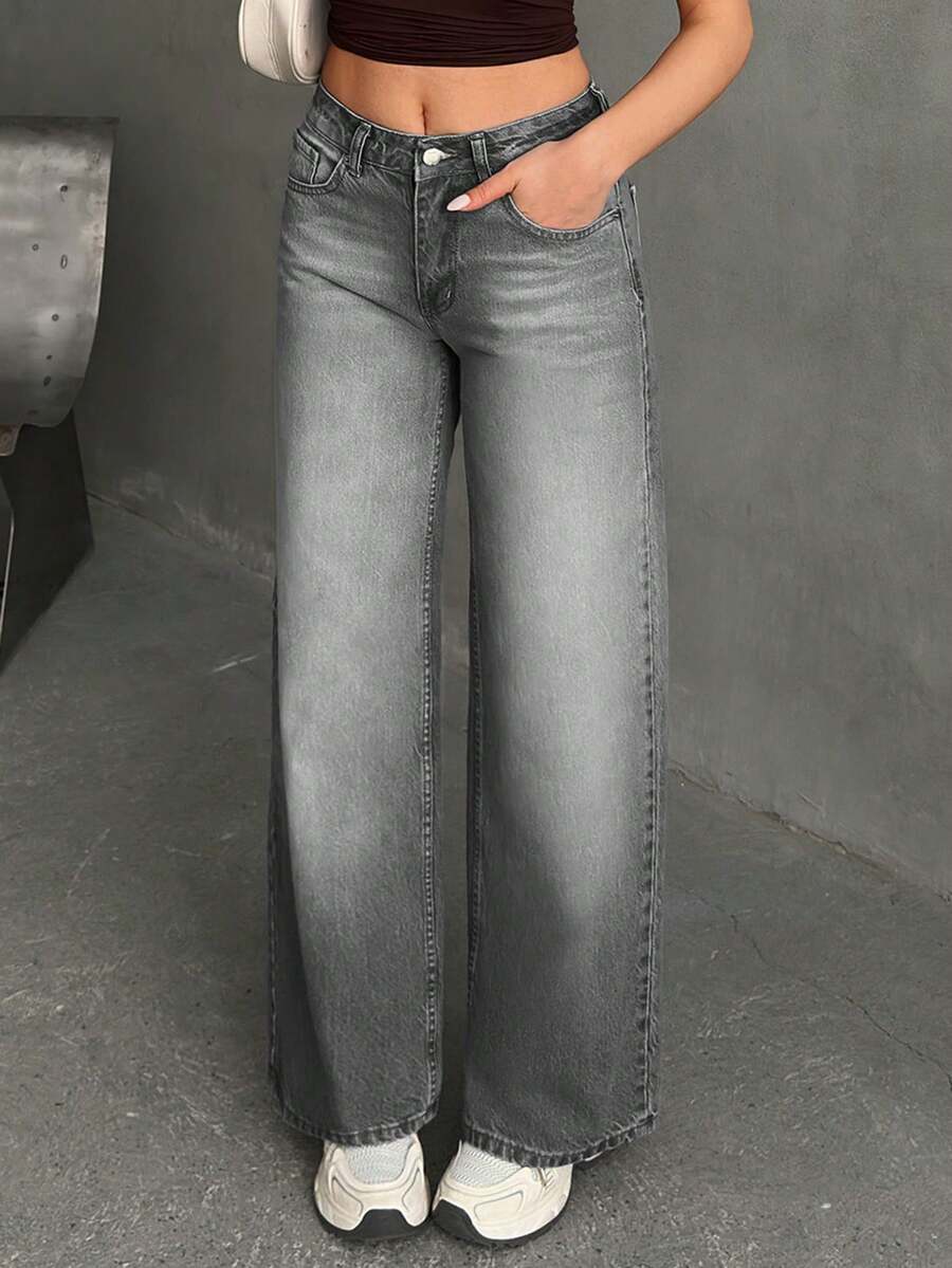 EURMUSE WOMEN WIDE LEG MID WAIST JEANS - Grey - View 1
