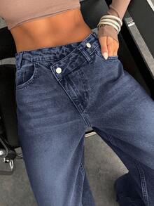 WOMEN CLASSIC HIGH WAIST WIDELEG MEDIUM WASH DENIM JEAN ASYMETRIC WAIST Y2K