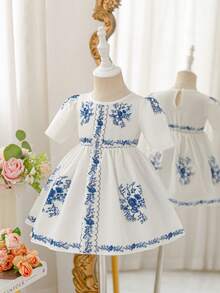 Glamorique Kids Baby Girl Vintage Casual Vacation Floral Print Puff Sleeve Cinched Waist Dress, Summer - Blue and White - View 8