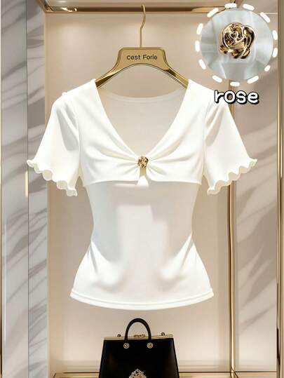 Franclia Women's White Square Neck Metal Rose Button Casual Daily Commute Outing Valentine's Day Date Short Sleeve T-Shirt, Spring/Summer