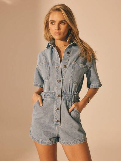 Aralina Women's Summer / Winter Denim Casual Short Sleeve Playsuit, Beach Outfit For Women, Y2K Stockholm Style Streetwear