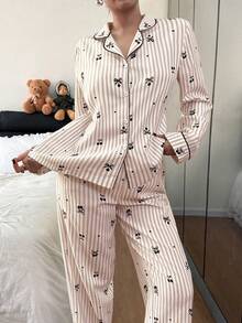 SHEIN 蝴蝶结、爱心和樱桃印花领长袖睡衣套装 - 黑色 - 查看 3