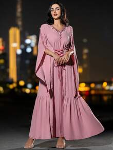 Layrah Women's Handmade Beaded Back Drawstring Abaya Kaftan Jalabiya Dress Long Sleeve Long Dress Abaya Dress For Evening Party - Pink - View 5