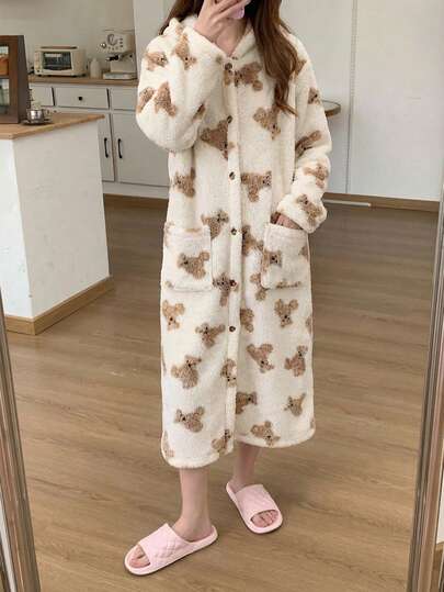 Teen Girls Cute Bear Fleece Loungewear Bathrobe - Beige Brown Cute Bear Fleece Loungewear Bathrobe Single Piece Cute Bear Design Beige Brown Cute Color Hooded Long Sleeve Cute Bear Fleece Bathrobe Loungewear Single Piece Social Media Style Cute Bear 2026 New Year Holiday Essential  Autumn Winter Teen Girls Cute Bear Fleece Loungewear Bathrobe