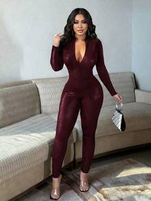 Chiquease 女士黑色性感亮面仿鳄鱼皮前拉链连体裤，长袖夜店派对约会之夜新款设计，春夏秋季女士性感派对/夜店/街头/约会/万圣节/情人节新款演唱会服装晚宴生日俱乐部修身紧身原创设计长款打底连体裤 - 酒紅色 - 查看 6
