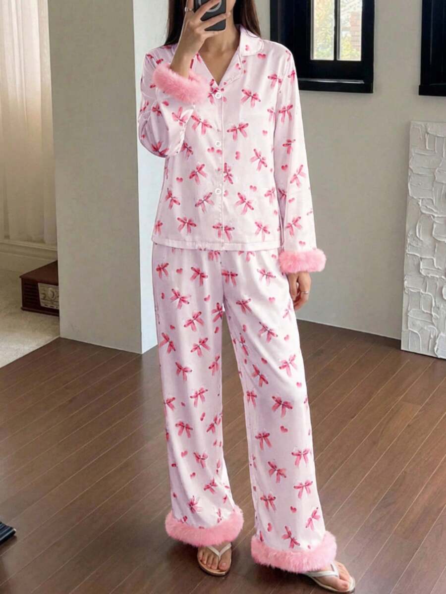 Tween Girls Pajamas-2 Piece Pajama Set Pink Bow Print Collared Long Sleeve Button Down Top Matching Long Pants Faux Fur Trim Cuff Hem Elastic Waist Cozy Sleepwear Loungewear All Season Holiday New Year 2026 Gift - Multicolor - View 1