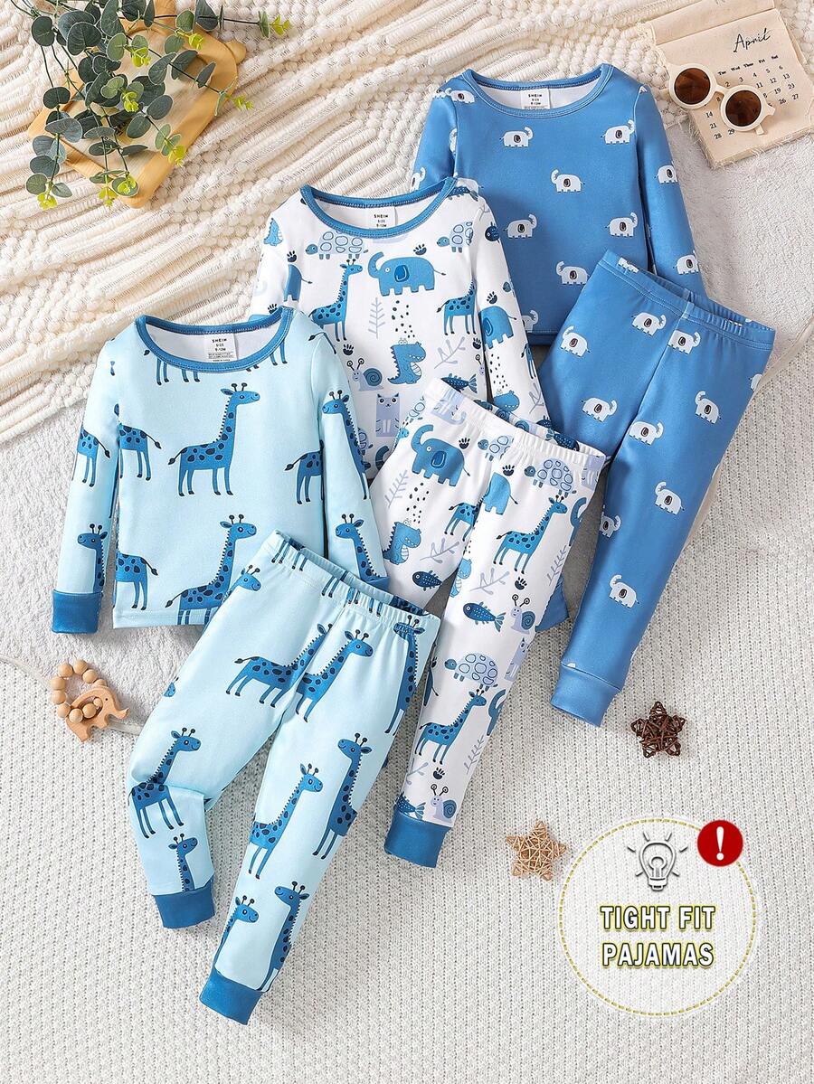 男婴三件套睡衣套装：可爱卡通印花和条纹组合印花紧身长袖 T 恤和紧身长裤