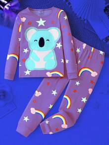 SHEIN 2 件装少女可爱彩虹星熊印花长袖上衣和紧身裤睡衣套装