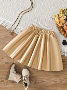 小女孩米色百搭复古法式风新款女童PU皮裙，高腰修身百褶裙，四季皆宜 - 香檳色 - 查看 2