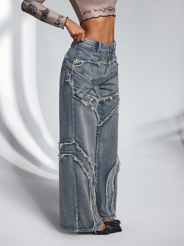 Jeanoix Jeans anchos de pierna casual lavados y deshilachados para mujer