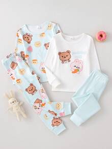 4pcs Girls Cute Bear Print Soft Pajama Set, Crew Neck Long Sleeve Top And Pants, Casual Homewear - Multicolor - View 3