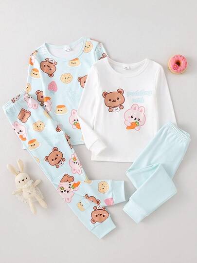 4 piezas Conjunto de pijama suave con estampado de oso lindo para niñas, top de cuello redondo de manga larga y pantalones, ropa de estar en casa casual