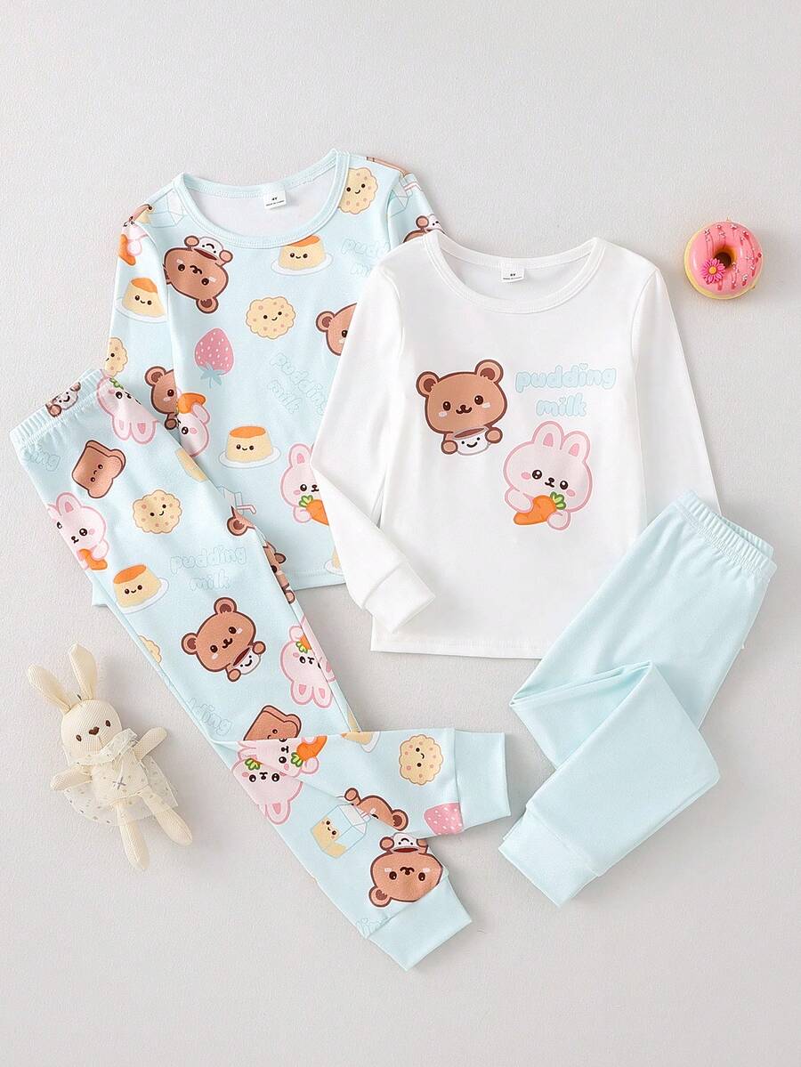 4pcs Girls Cute Bear Print Soft Pajama Set, Crew Neck Long Sleeve Top And Pants, Casual Homewear - Multicolor - View 1