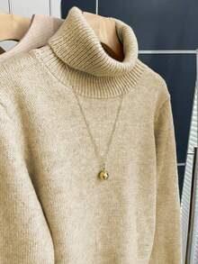 Franclia 法式复古宽松高领长袖撞色滚边针织套头毛衣，女士秋冬款 - 杏色 - 查看 5