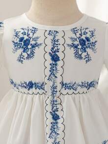 Glamorique Kids Baby Girl Vintage Casual Vacation Floral Print Puff Sleeve Cinched Waist Dress, Summer - Blue and White - View 4