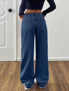 EURMUSE 低腰刺绣细节直筒牛仔裤 - 深色水洗藍 - 查看 3