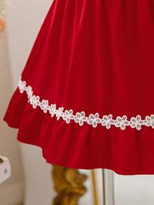 SHEIN Glamorique Kids 女婴优雅蕾丝边荷叶边连衣裙 - 紅色 - 查看 6
