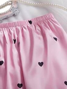 女童优雅黑色爱心蕾丝拼接柔软缎面吊带背心和长裤两件套睡衣 - 彩色 - 查看 6