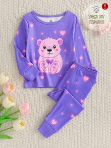 2pcs Baby Girls' Cute Bear & Heart Glow-In-The-Dark Print Bodysuit & Pants Pajama Set
