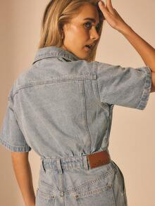 Aralina 女士夏季/冬季牛仔休闲短袖连体裤，女士沙滩装，Y2K斯德哥尔摩风格街头服饰 - 深色水洗藍 - 查看 6