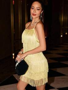 Glamine 女士性感时尚派对宴会多层流苏打结吊带连衣裙，夏季 - 鵝黃色 - 查看 3