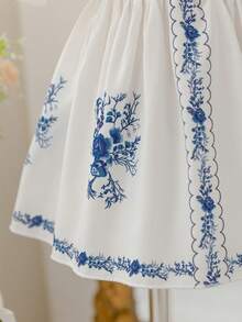 Glamorique Kids Baby Girl Vintage Casual Vacation Floral Print Puff Sleeve Cinched Waist Dress, Summer - Blue and White - View 7