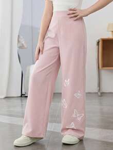 SHEIN Tween Girls Woven Butterfly Placement Print Loose Wide Leg Black Casual Pants, Suitable For Spring Outing, Countryside, Afternoon Tea In The Garden, Casual Outings, Back To School, Mommy And Me Matching Outfits - Baby Pink - View 5
