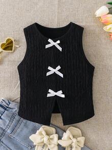 Young Girl Round Neck Color Block Bowknot Split Back Sleeveless Knit Tank Top,Cute Vintage Fashion Black Summer First Birthday Mom&Daughter Matching - Black - View 1
