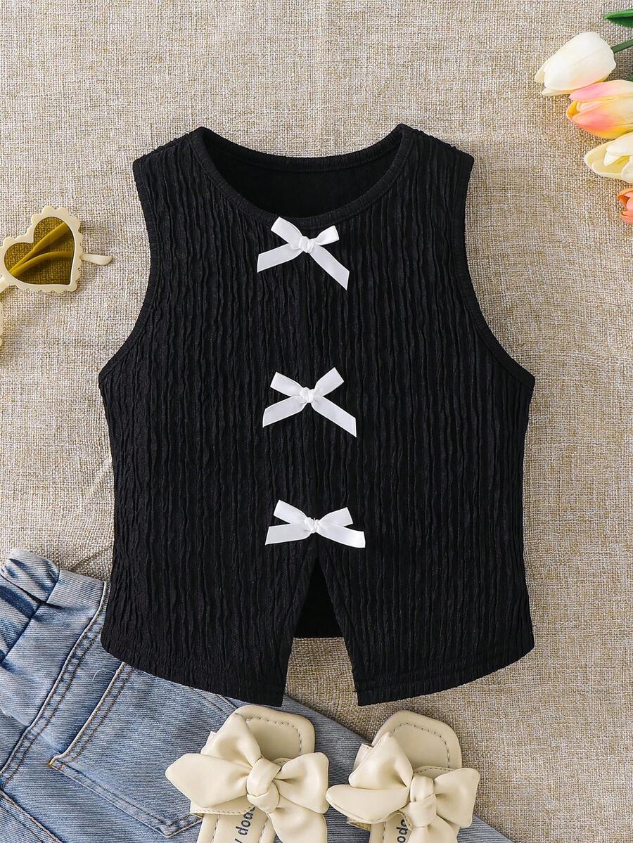 Young Girl Round Neck Color Block Bowknot Split Back Sleeveless Knit Tank Top,Cute Vintage Fashion Black Summer First Birthday Mom&Daughter Matching - Black - View 1