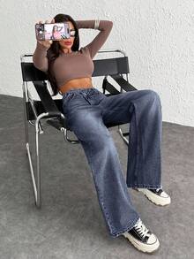 WOMEN CLASSIC HIGH WAIST WIDELEG MEDIUM WASH DENIM JEAN ASYMETRIC WAIST Y2K