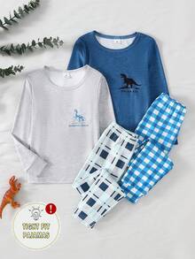 4 peças/2 conjuntos Conjunto de Pijama Infantil Masculino com Estampa de Dinossauro Azul e Cinza, Top de Manga Longa e Calça Legging Xadrez Clássica, Conjunto de 4 Peças, Roupa Casual e Confortável para Outono/Inverno - Multicolorido - Visão 7