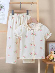SHEIN Vintaside Kids Bộ đồ ngủ mặc nhà 2 mảnh in hình trái tim ngọt ngào dành cho các cô gái trẻ - Nhiều màu - Xem 4