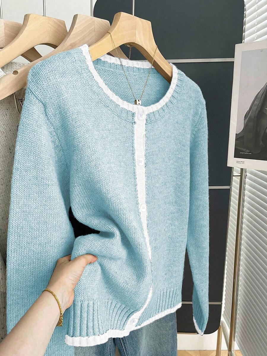 Franclia 法式复古宽松圆领长袖撞色滚边针织开衫，女士秋冬款 - 藍白色 - 查看 1