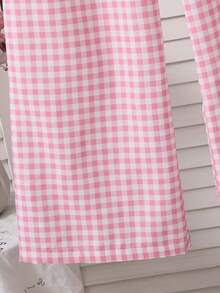 2件套女童休闲白色短袖上衣和粉色格子裤家居服套装，舒适百搭，适合日常穿着，春夏款 - 粉色 - 查看 3