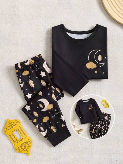 Baby Boys Pajamas-2 Pieces Pajama Set Moon Star Lantern Print Black Gold Crewneck Long Sleeve Top Elastic Waist Long Pants Nightwear Infant Toddler Sleepwear Year Round Comfortable Stretch Easy Wear Bedtime Travel Photo 2026 Holiday Must Have