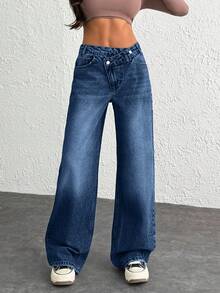 WOMEN CLASSIC HIGH WAIST WIDELEG MEDIUM WASH DENIM JEAN ASYMETRIC WAIST Y2K - Dark Wash - View 3