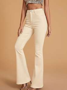 Selenza 女士简约纯色斜插口袋喇叭牛仔裤 - 杏色 - 查看 3