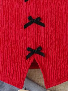Young Girl Red Summer Satin Knit Top,First Birthday Round Neck Bowknot Split Back Sleeveless Tank Top,Cute & Fashionable Mom And Daughter Matching - Red - View 3