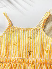 Set de 2 piezas para niñas jóvenes con top de tirantes con estampado de rayas y moño, y pantalones de pierna ancha con volantes, dulce y fresco, para verano - Amarillo - Ver 5