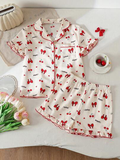 Tween Girls Pajamas-2 Piece Summer Pajama Set Cherry Print Red Piping Ruffle Short Sleeve Notched Collar Top Matching Shorts Holiday 2026 Cute Bow Accent Adorable Comfort Everyday Sleepover Party Lightweight Sleepwear Lounge Outfit For Big Kids