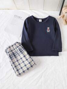 Genkimix Kids 2件組男嬰純色海軍藍長袖上衣與格紋長褲舒適睡衣 秋季/秋冬圓領針織柔軟舒適可愛居家服 室內穿著 - 寶藍色 - 查看 8