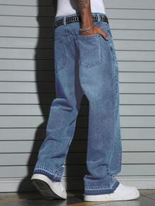 Manfinity EMRG Men's Rhinestone Print Wide Leg Jeans Baggy Y2k Jeans Rhinestone Jeans Men, Perfect Holiday Gift For Boyfriend & Husband - Light Wash - View 2