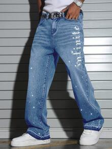 Manfinity EMRG Men's Rhinestone Print Wide Leg Jeans Baggy Y2k Jeans Rhinestone Jeans Men, Perfect Holiday Gift For Boyfriend & Husband - Light Wash - View 5