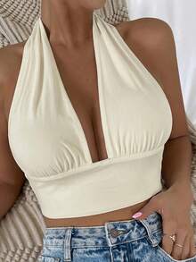 Glamine Women's Simple Solid Color Halter Cropped Tank Top, Summer - Apricot - View 4