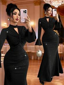 Elenzga New V-Neck Textured Metallic Twist Front Flare Sleeve Dress, Elegant & Versatile For Vacation, Casual Daily Wear, Autumn/Winter - Black - View 1