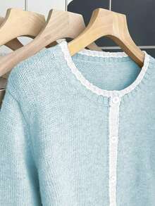 Franclia 法式复古宽松圆领长袖撞色滚边针织开衫，女士秋冬款 - 藍白色 - 查看 5