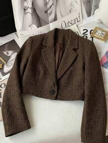 Chiquease 2025新款女士欧式短款羊毛混纺西装外套 | 休闲办公简约春秋季 - 棕色 - 查看 1